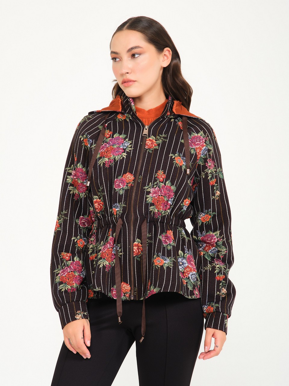 Floral Patterned Waist Pleated Hooded Coat